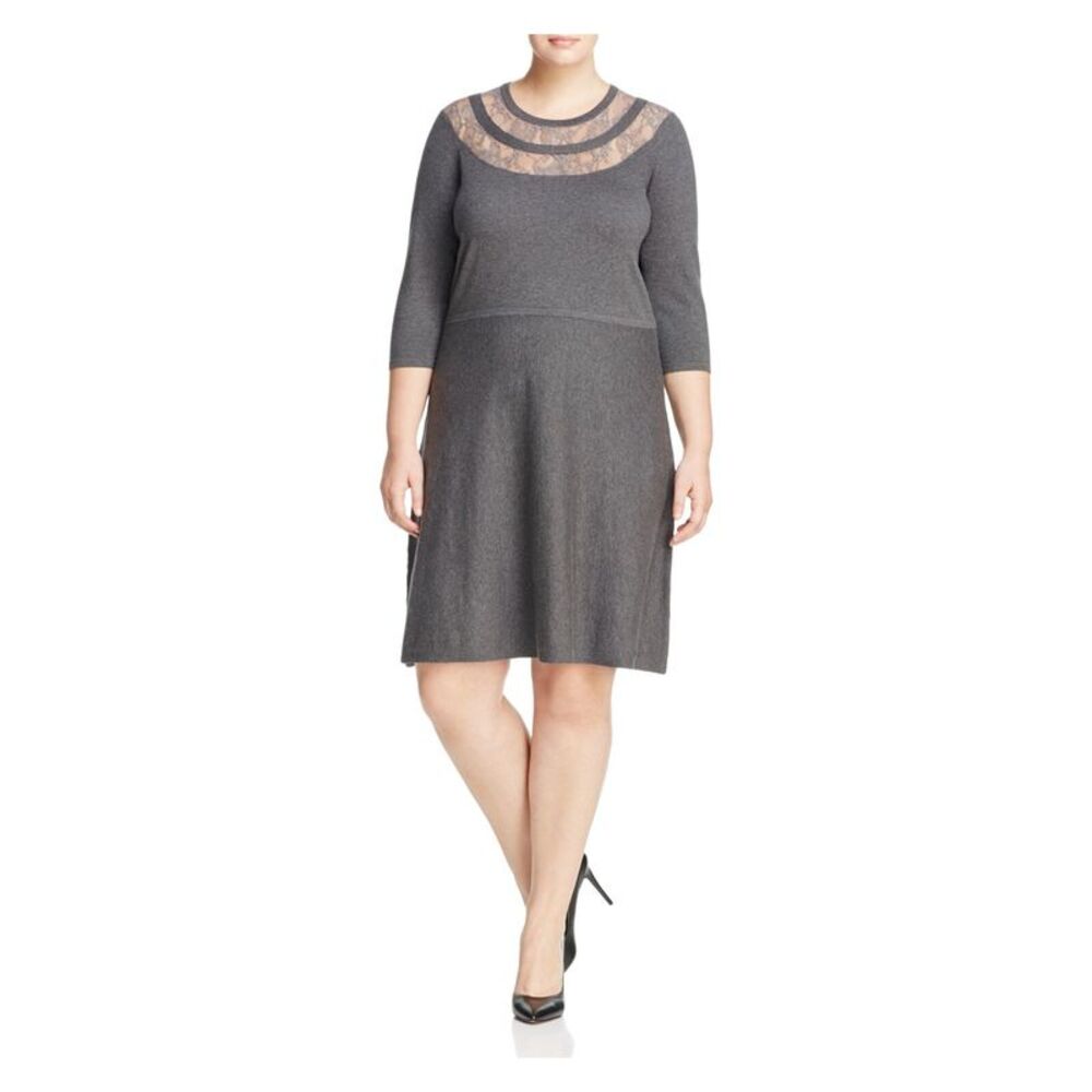 VINCE CAMUTO Womens Gray Knit Yoke 3/4 Sleeve Sweater Dress Plus 2X